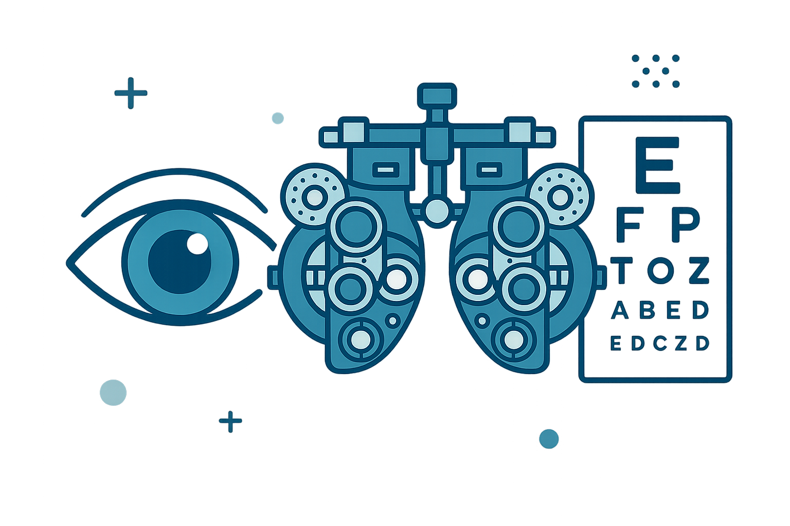 Stylized eye care illustration (eye chart, lens, slit-lamp)