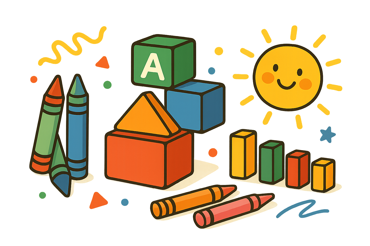 Playful preschool illustration (blocks, crayons, kids)